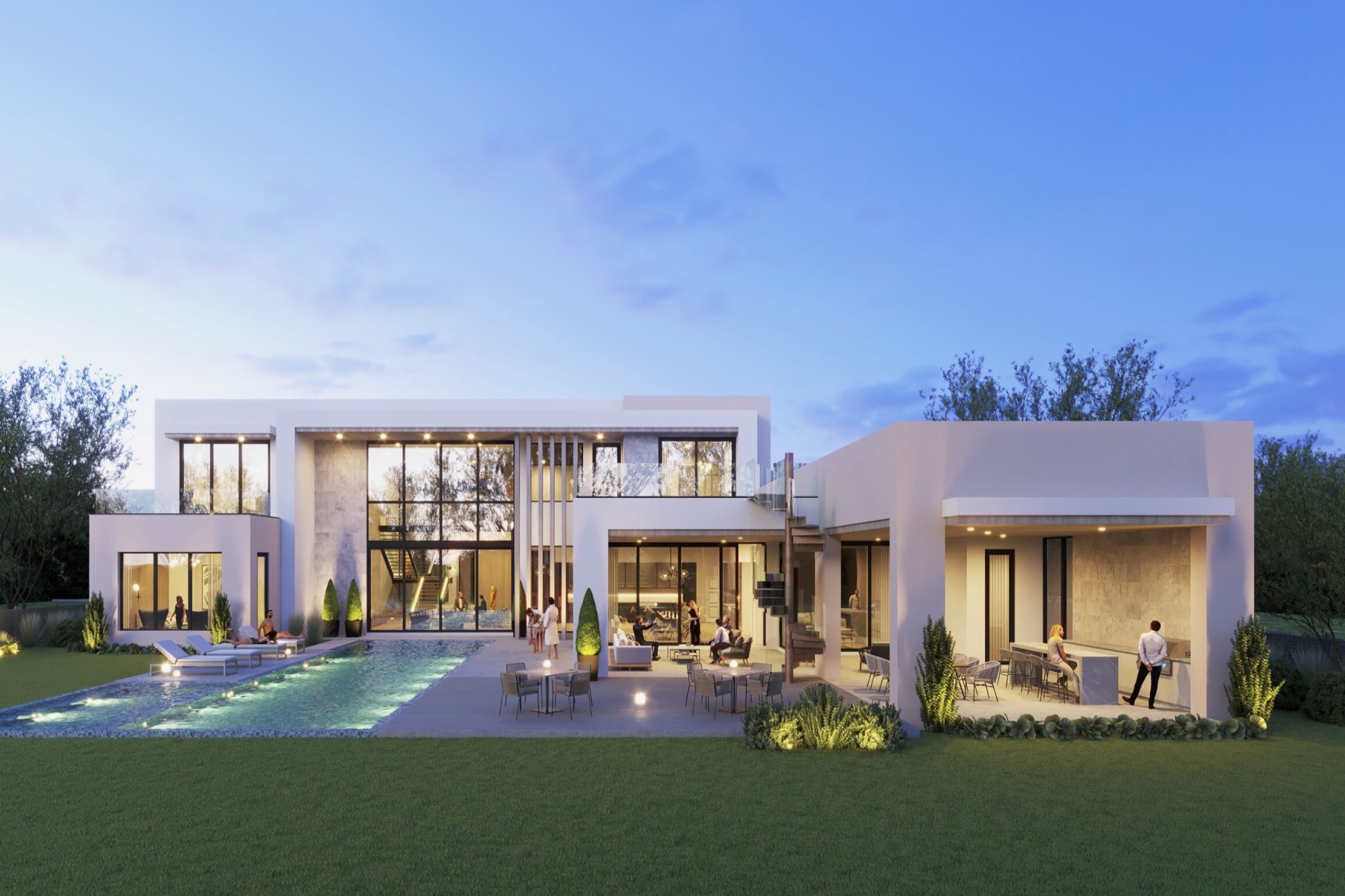 Luxury home landscape with smart irrigation and water features - Versailles Luxury Homes DFW