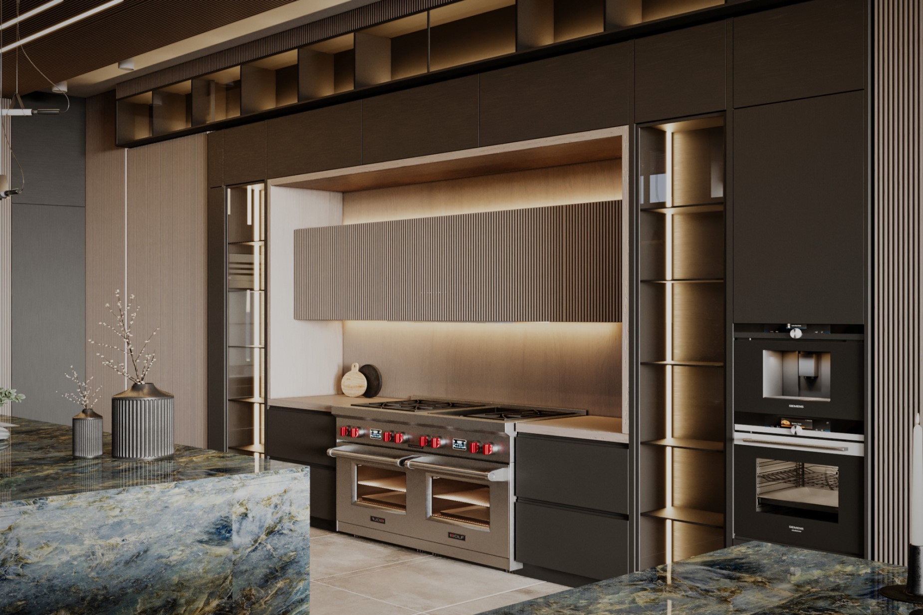 Smart home control panel in luxury living room - Versailles Luxury Homes DFW