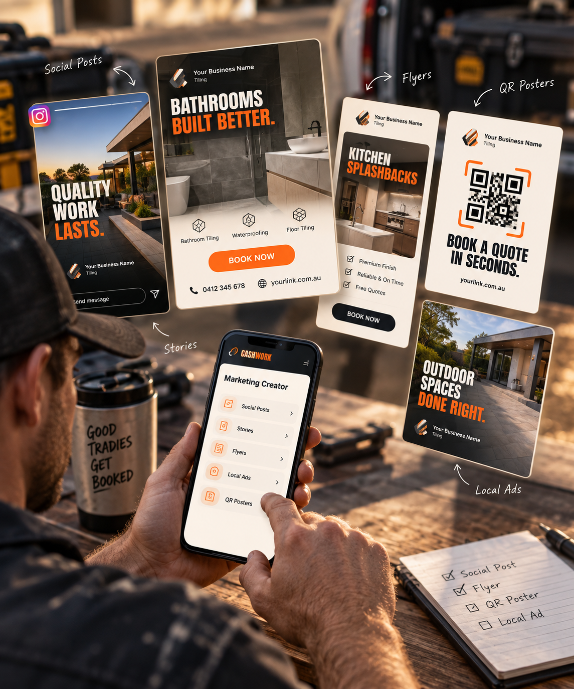 Flat lay of professional trade marketing print material