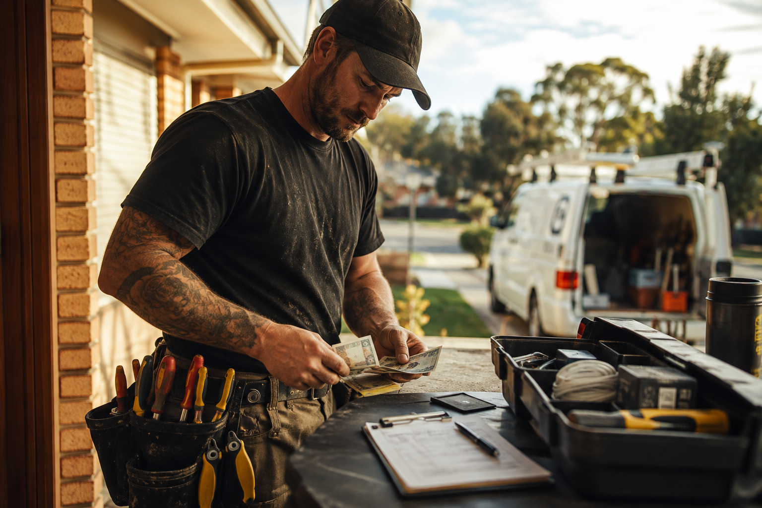 Tradie counting cash on the job after a day's work
