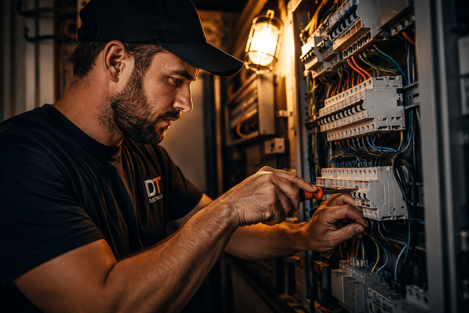 Cover photo of an electrician working on a switchboard