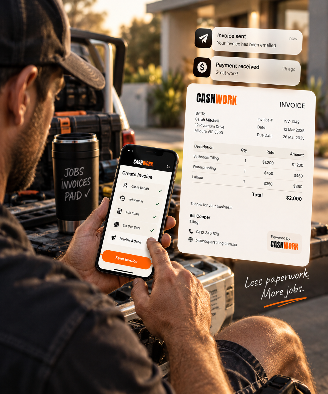 A tradie wrapping up paperwork after a finished job