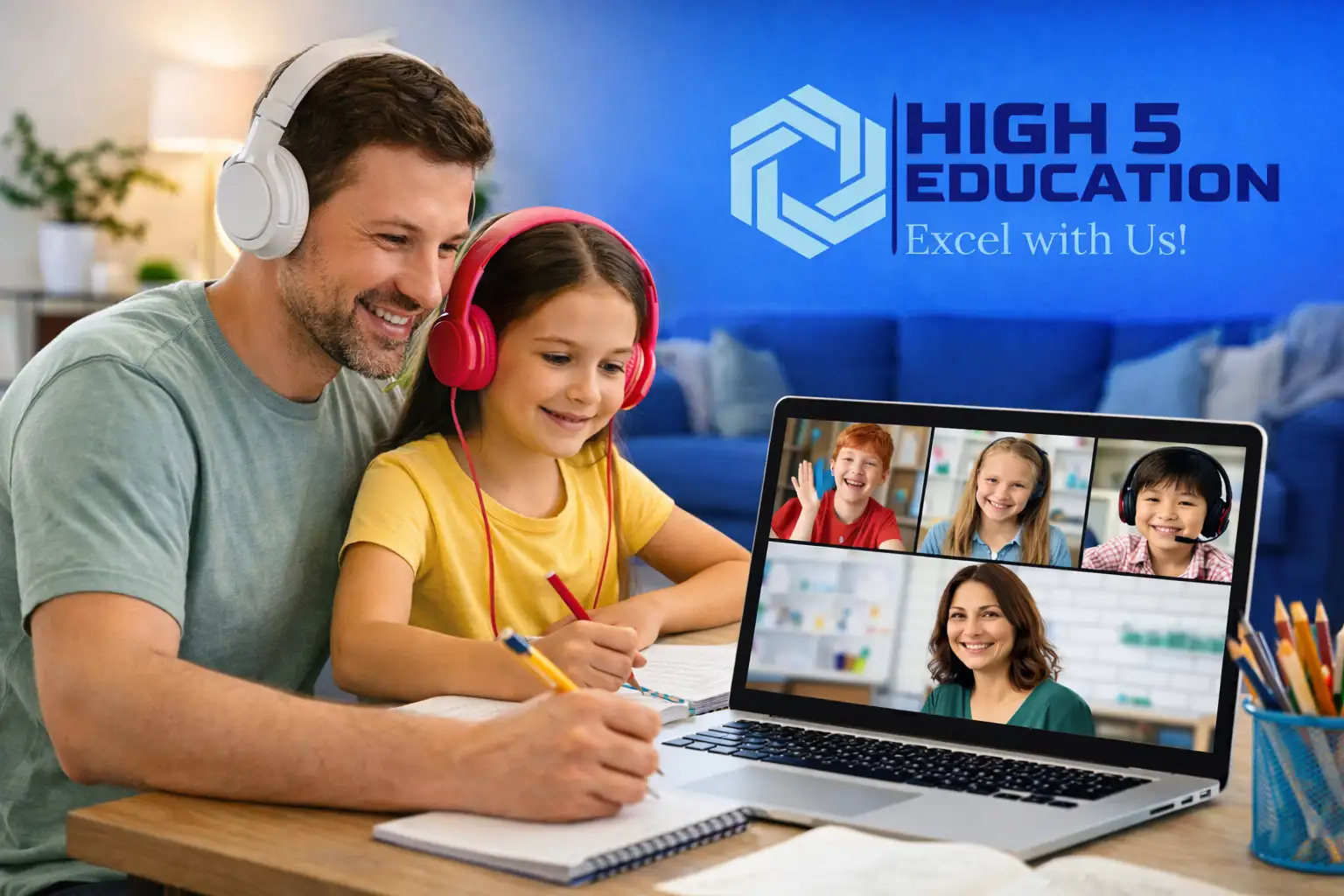 Dad and daughter engaged in online learning
