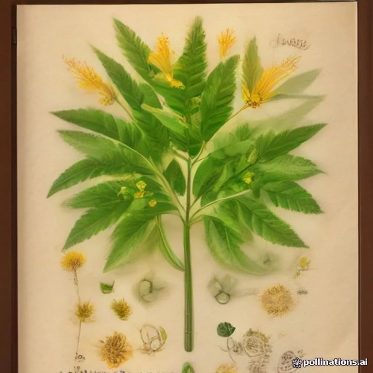 Classical botanical illustration of 含羞草决明 / 假含羞草 / 山扁豆 / 细叶假含羞草 / 黄花草 — Chamaecrista mimosoides (L.) Greene (syn. Cassia mimosoides, Cassia angustissima)