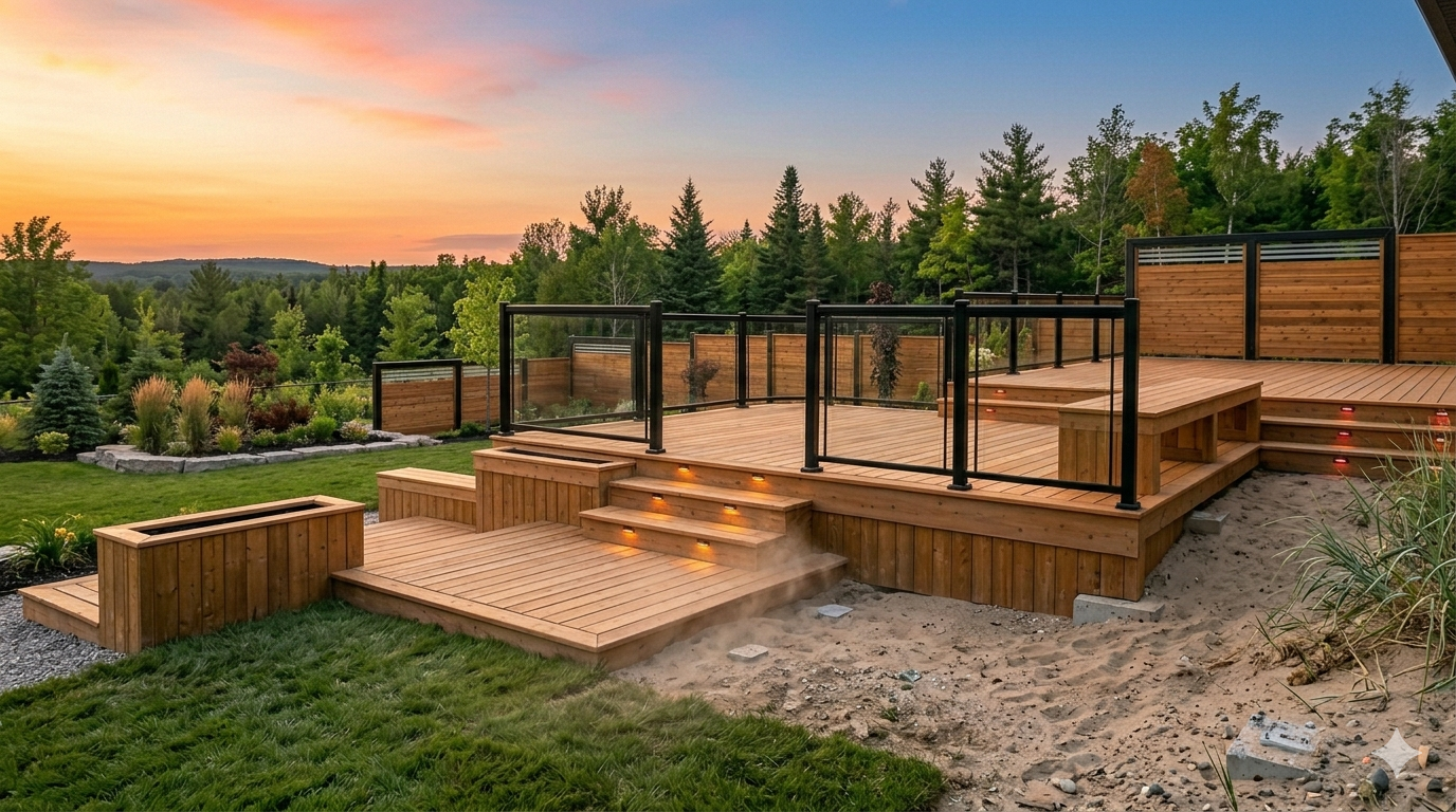 Cedar privacy fence installation with concrete post footings on a residential property in Simcoe County