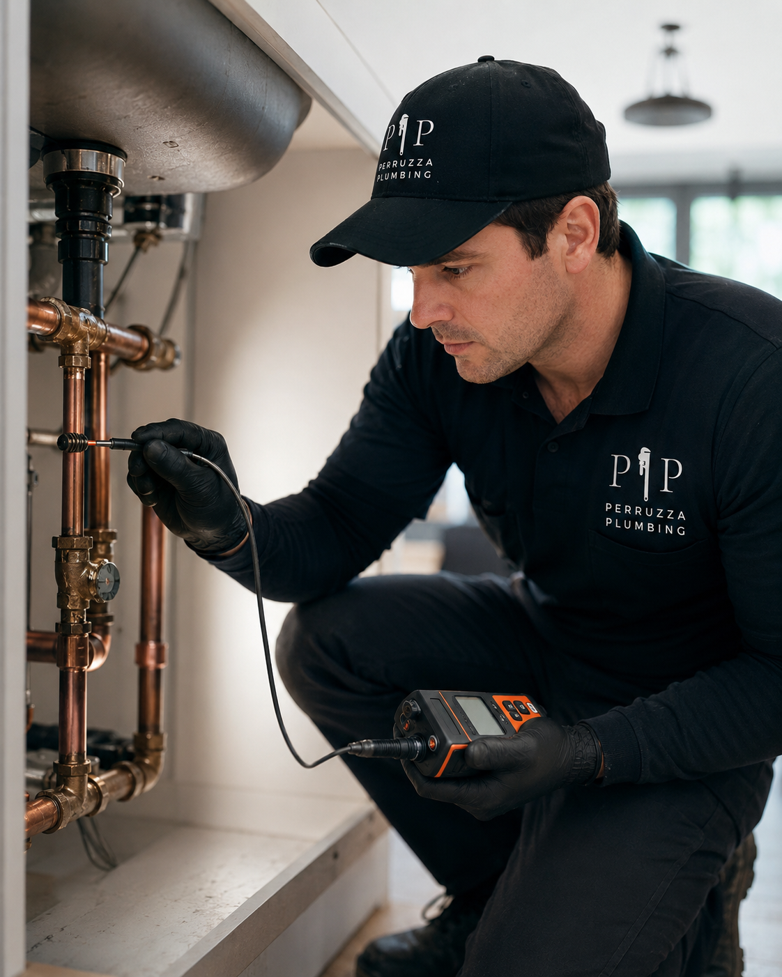 Plumber inspecting pipes for leak detection