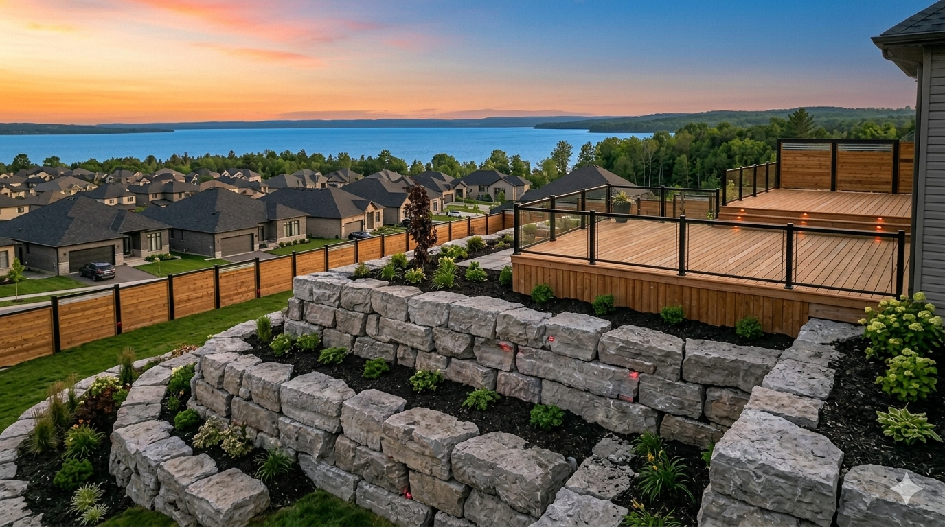 Engineered armor stone retaining wall controlling soil erosion on a sloped property in Simcoe County
