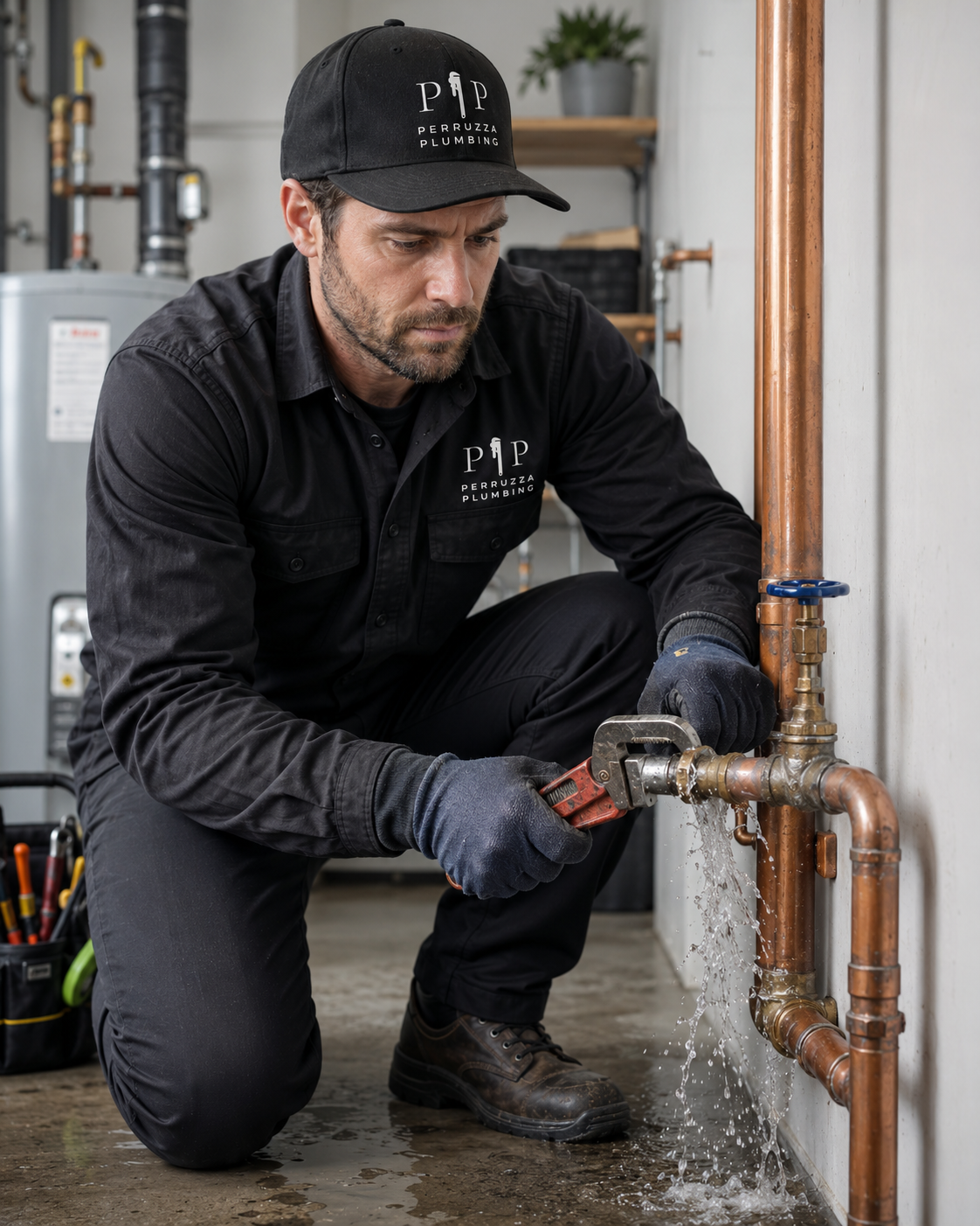 Emergency plumber fixing burst pipe under sink
