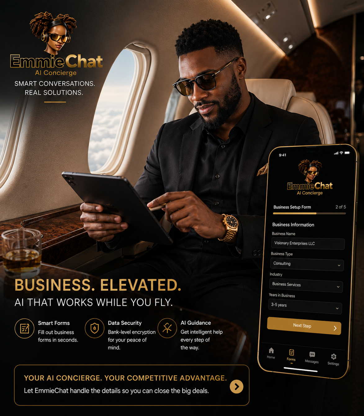 EmmieChat — Business. Elevated. AI that works while you fly.