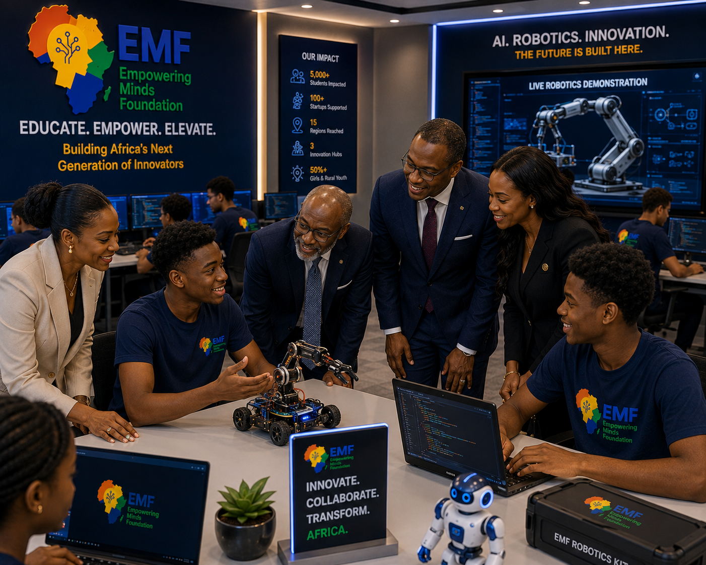 Partners collaborating on a live robotics demonstration — innovate, collaborate, transform Africa