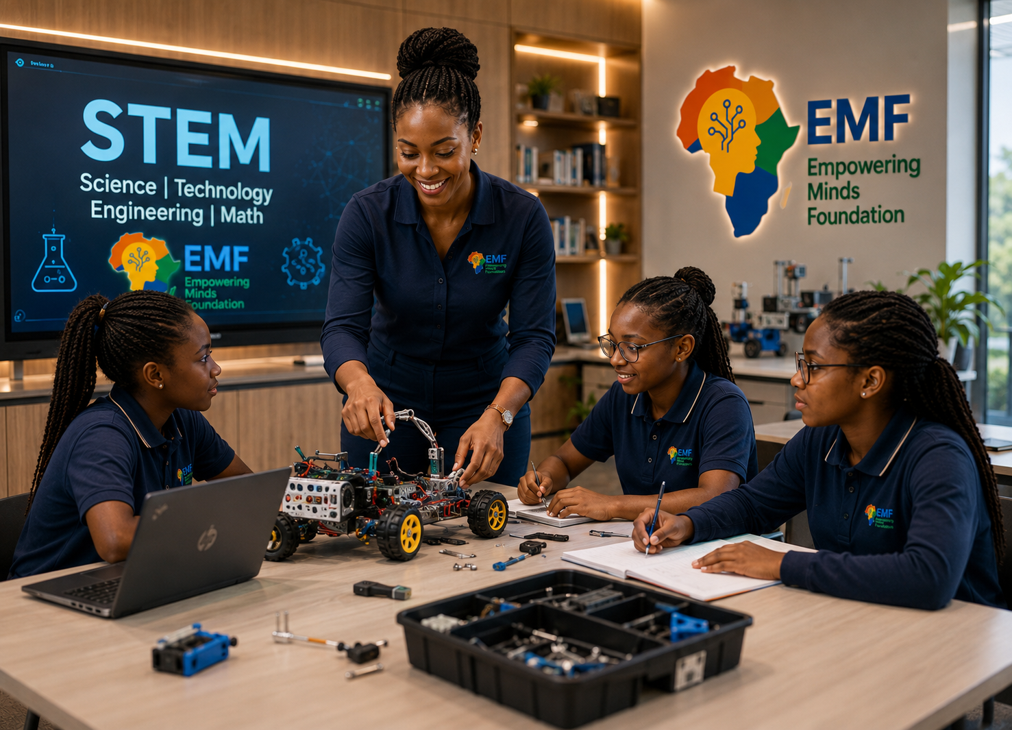 EMF mentor and student exploring robotics with a tablet-controlled car