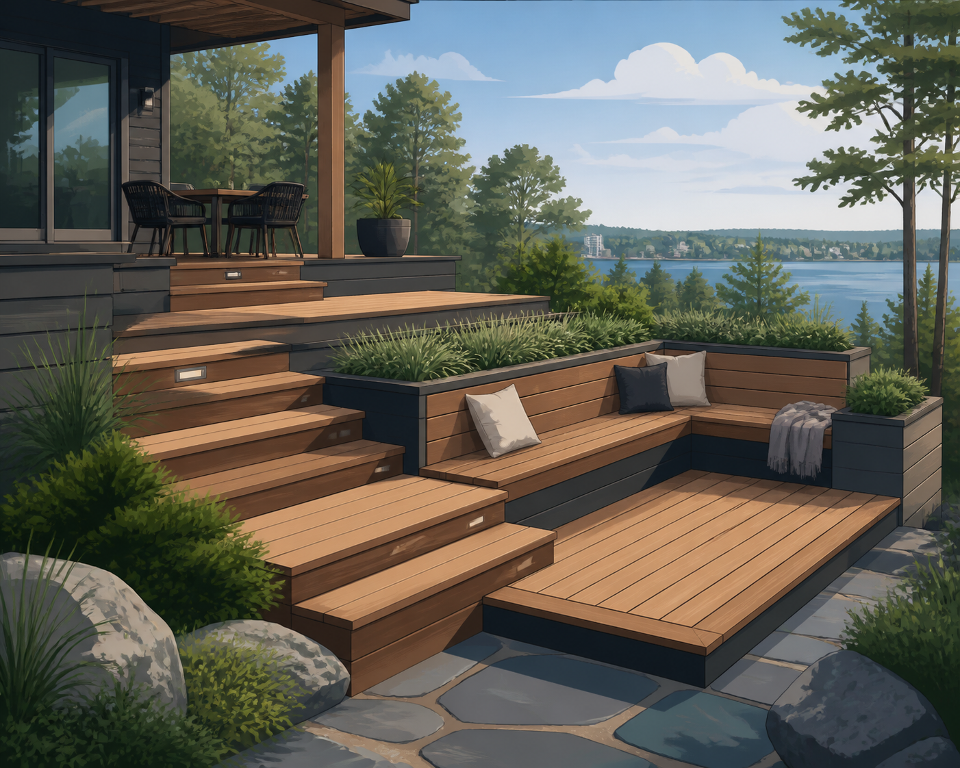Custom Deck Builder Near Barrie for Stairs and Built-In Seating