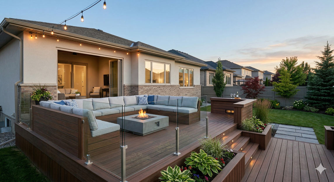 Large outdoor entertaining deck with privacy screening and built-in seating area