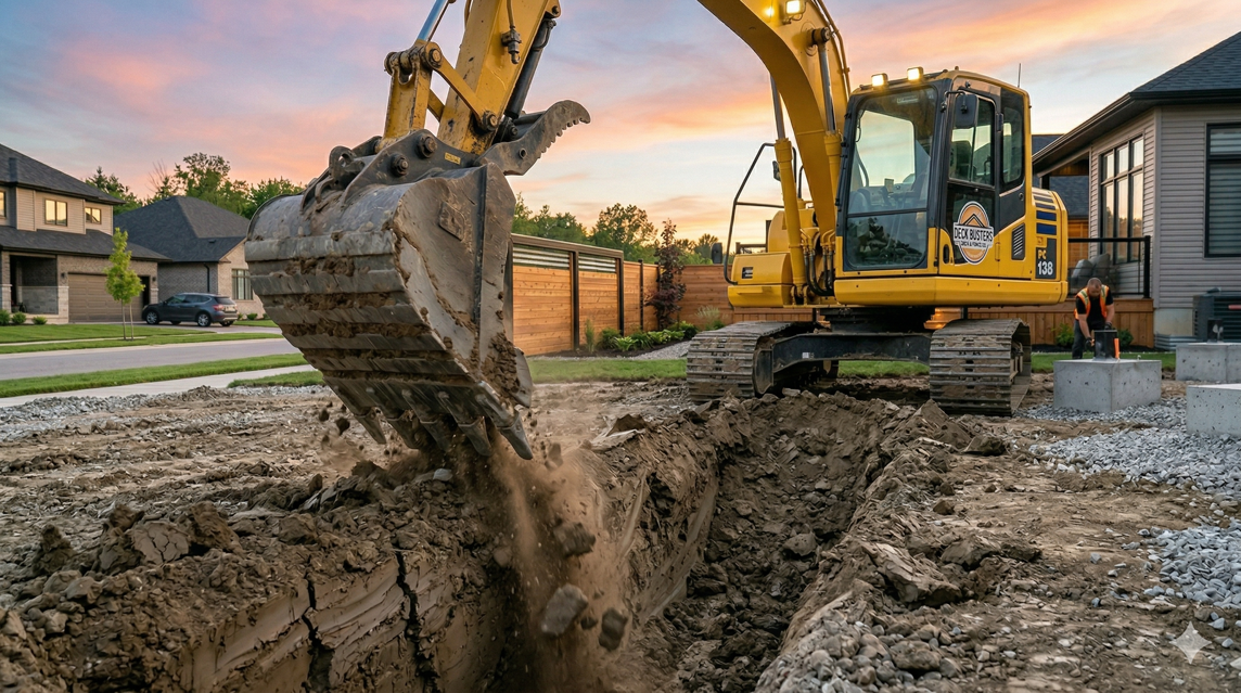 Mini excavator performing precision site grading and trenching for outdoor construction in Simcoe County