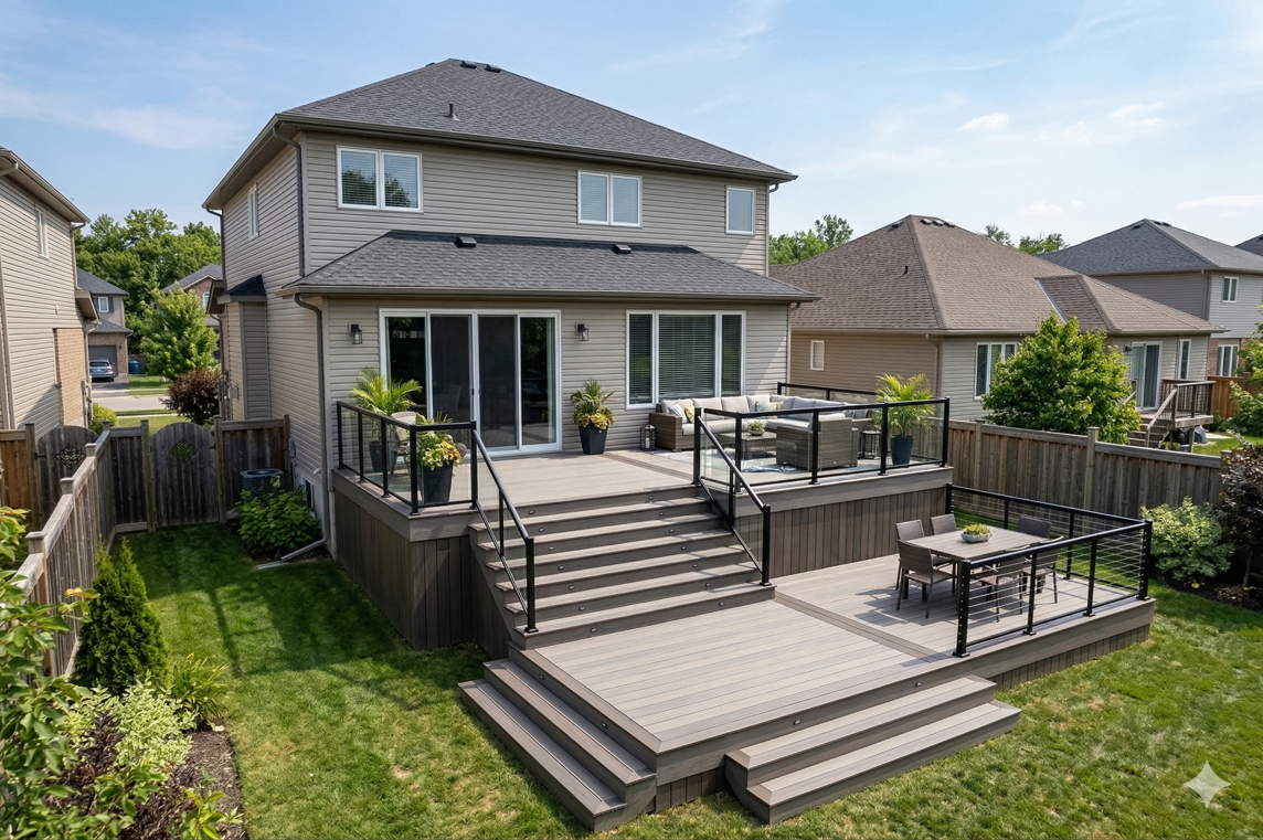 Composite deck boards installed on engineered pressure-treated frame with frost-proof footings
