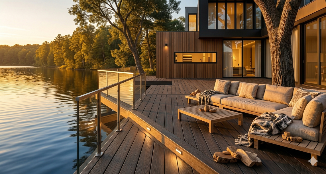 Composite deck built over lake with aluminum cable railing