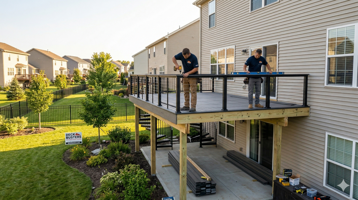 Custom deck railing installation with glass panels in Simcoe County