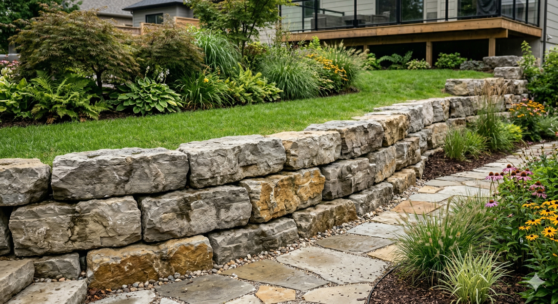 Natural armor stone retaining wall with irregular boulder stacking for erosion control in Simcoe County