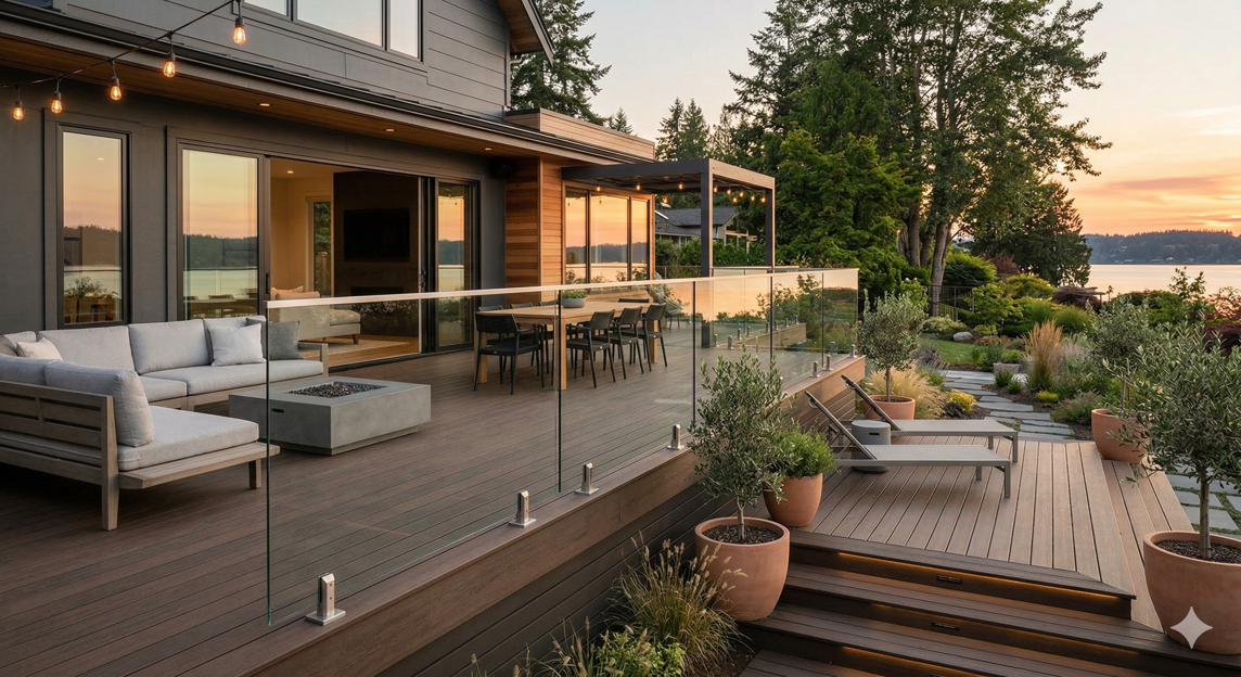 Modern multi-level backyard deck with aluminum railing and integrated steps
