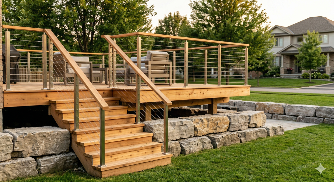 Elegant cable tension railing system on elevated cedar deck with unobstructed lake view