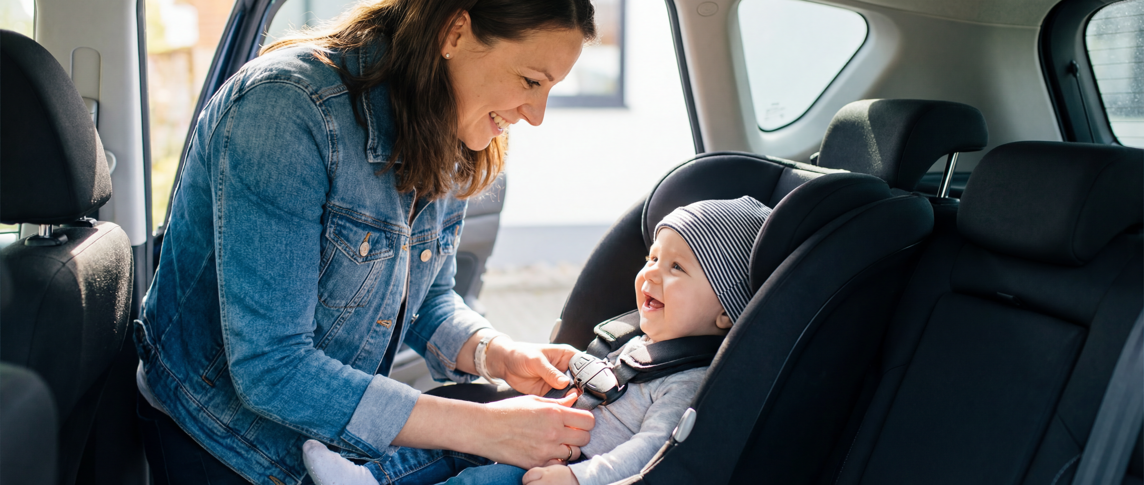 Mother securing child in car seat