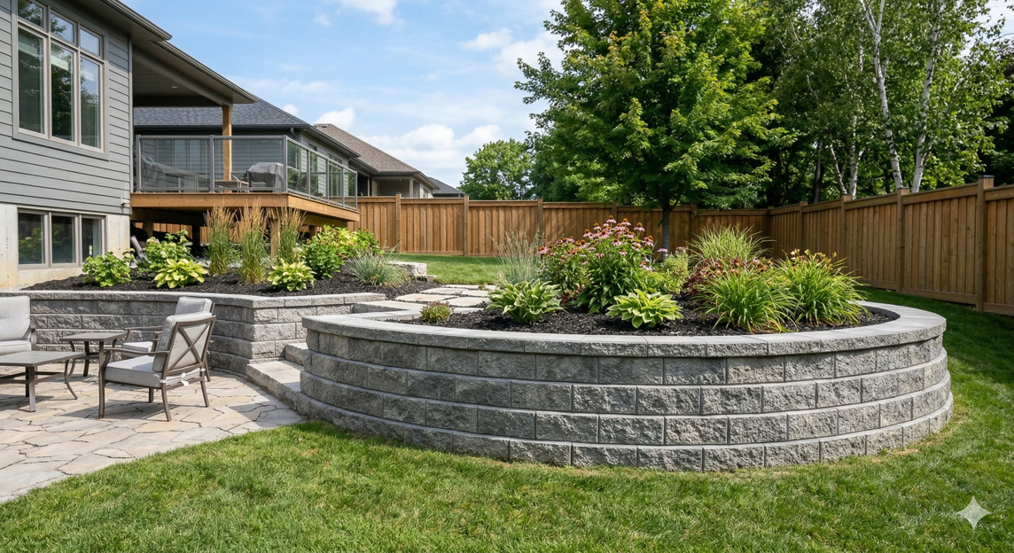 Engineered interlocking concrete block retaining wall with geogrid reinforcement on residential landscape