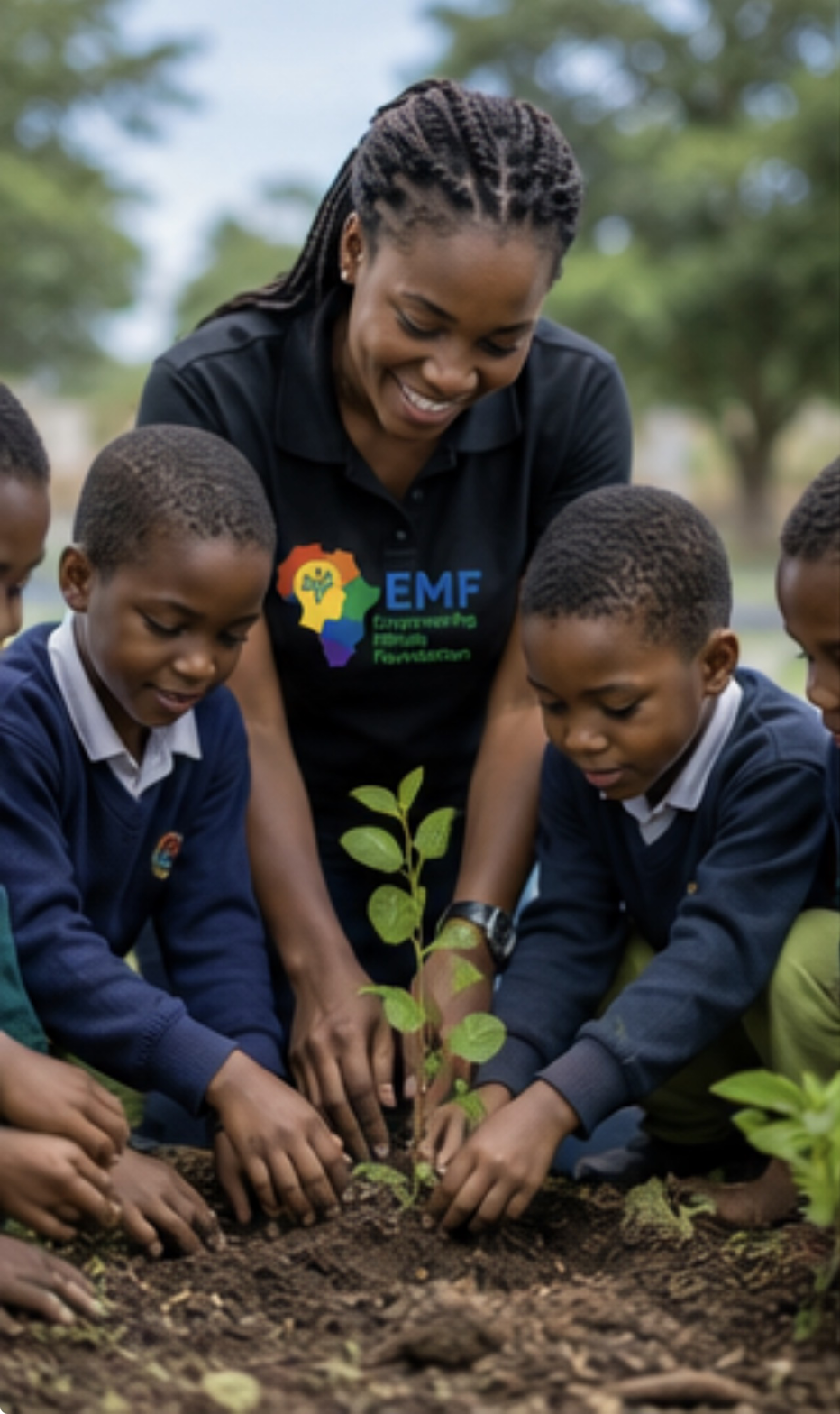 EMF mentor and students planting a seedling together in the community