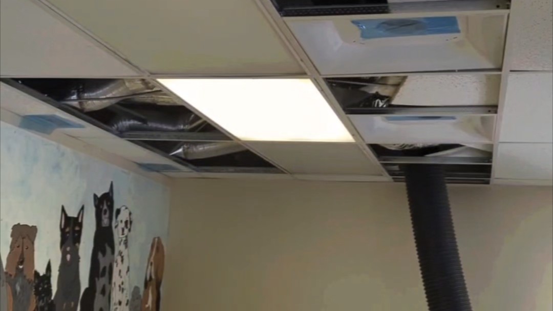 Commercial office building HVAC air duct system being professionally cleaned by certified technicians serving Simcoe County businesses