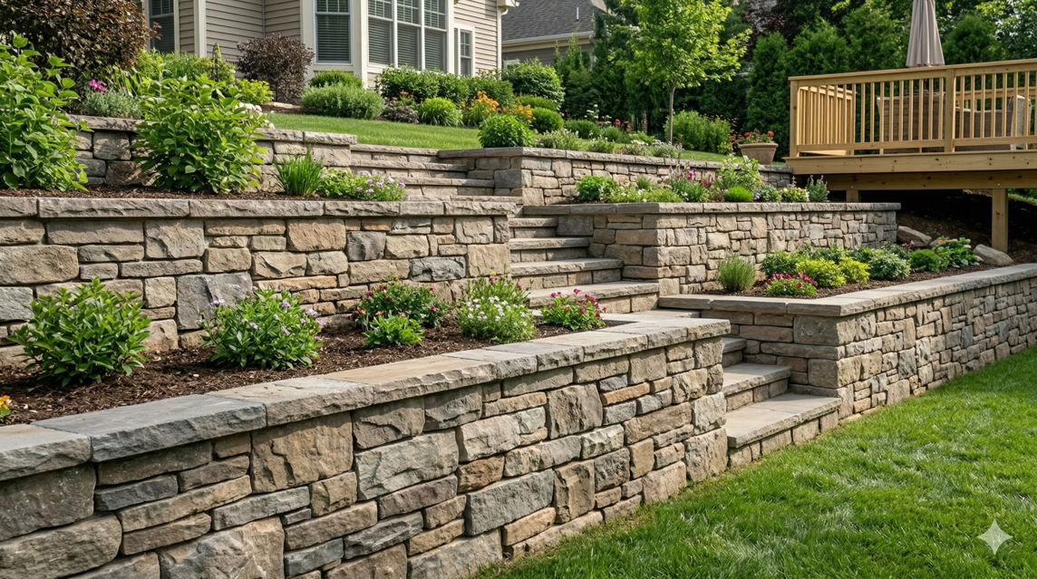 Engineered armor stone retaining wall with drainage system