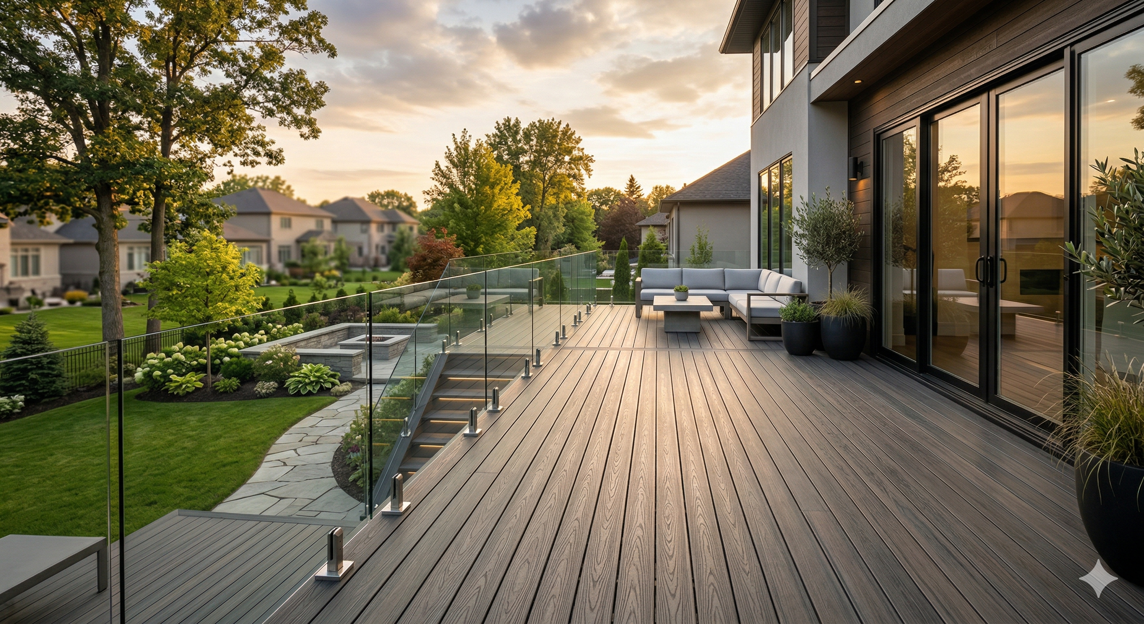 Custom cedar deck with glass panel railing overlooking Simcoe County backyard