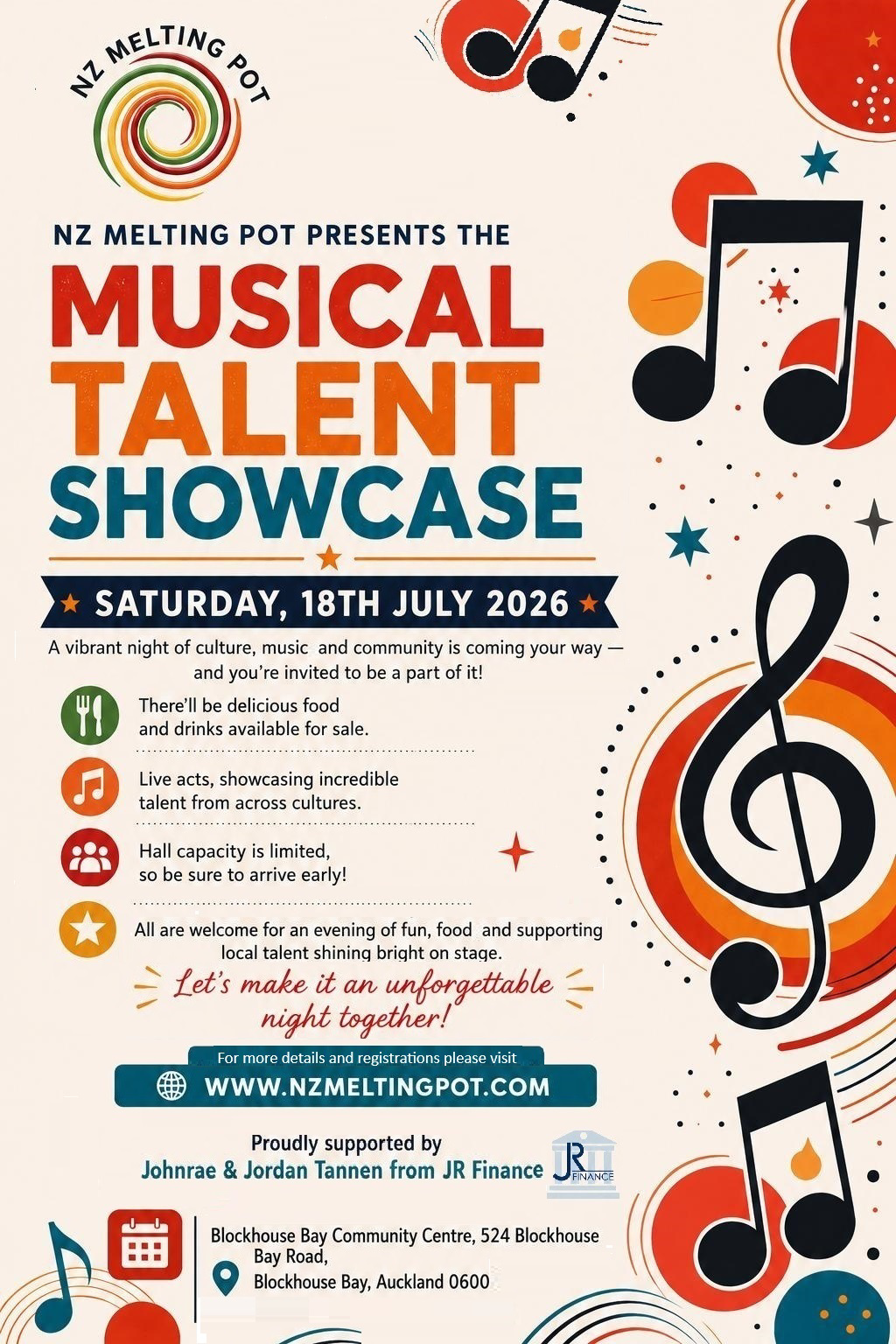 Musical Talent Showcase 2026 poster — Saturday 18 July, Blockhouse Bay Community Centre, Auckland