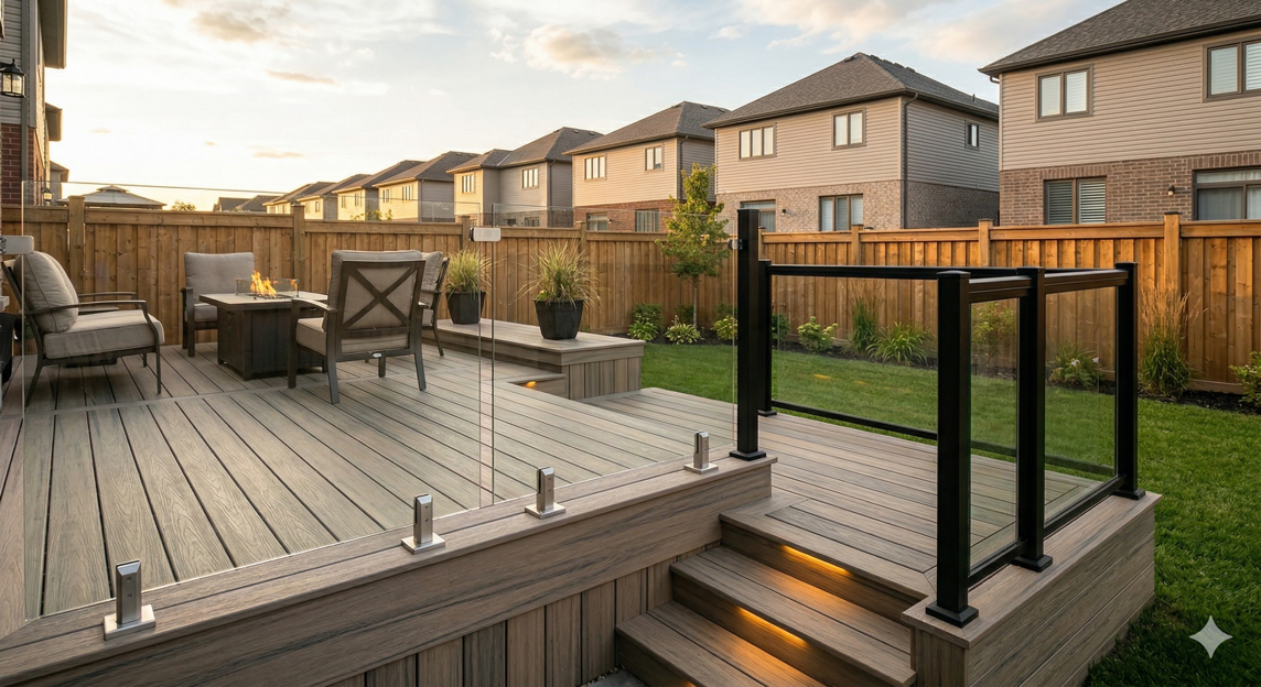 Custom wood deck with premium glass panel railing installation in Simcoe County